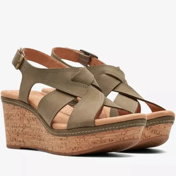 Clarks Shoes Clarks Elleri Rae Olive Nubuck Wedge Sandal New